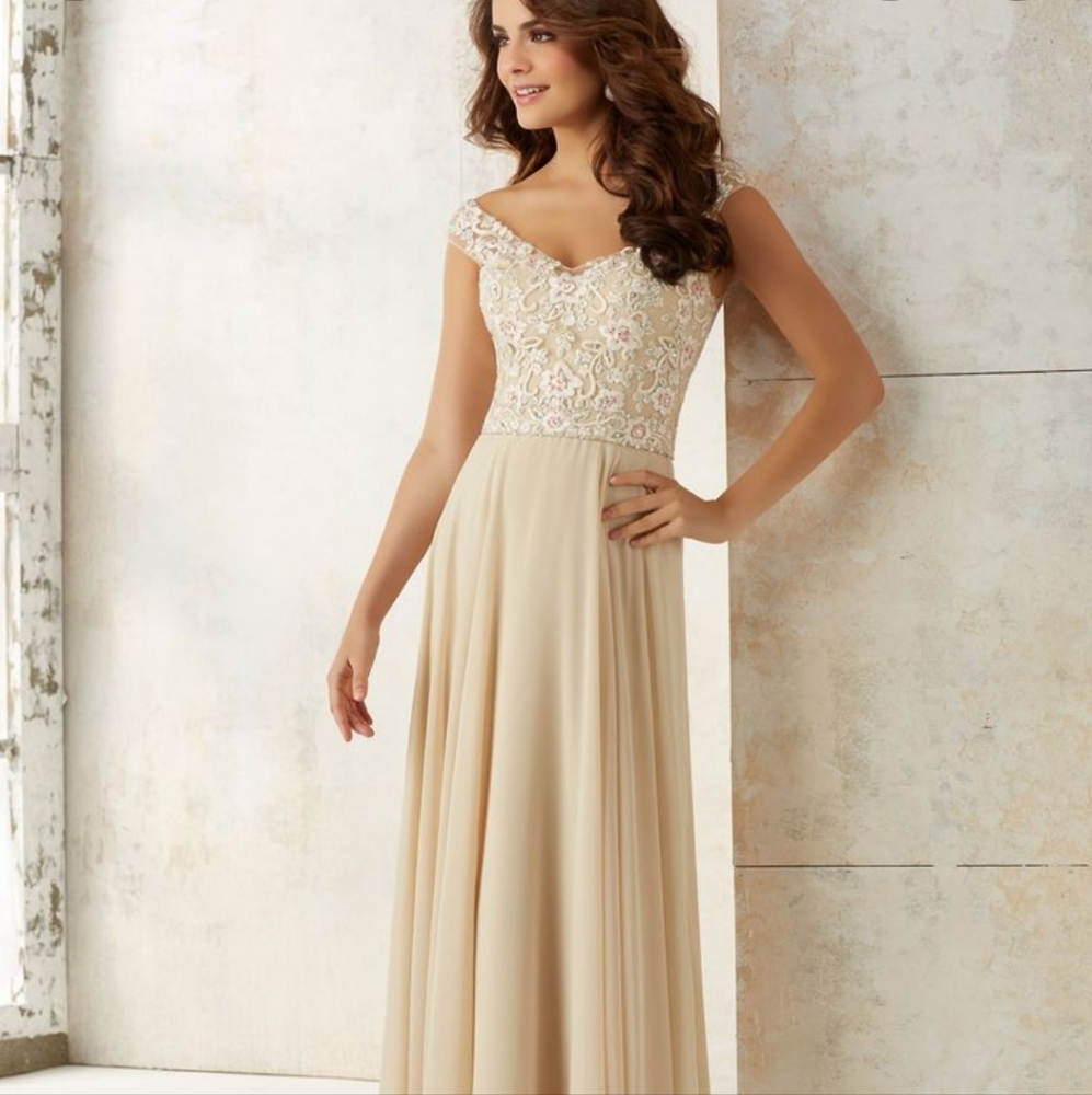 Mori Lee pale pink beige floral chiffon formal dress size 18